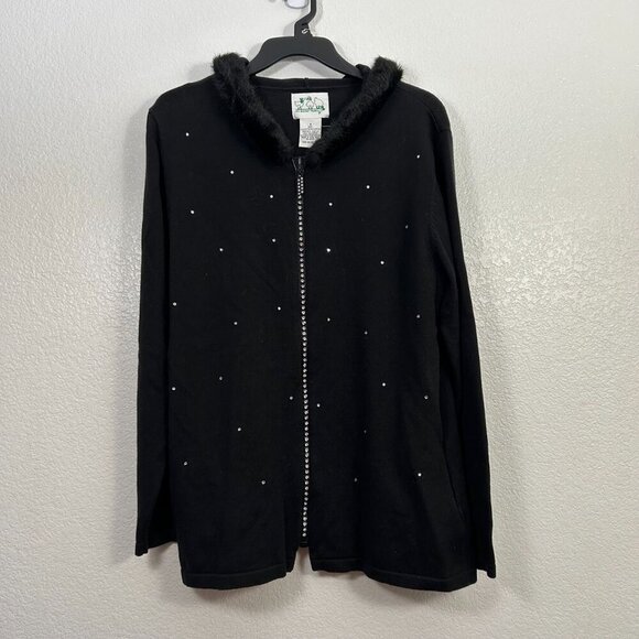 The Quacker Factory Sweaters - The Quacker Factory Rhinestone Hooded Zip Up Sweater Jacket Bling Faux Fur